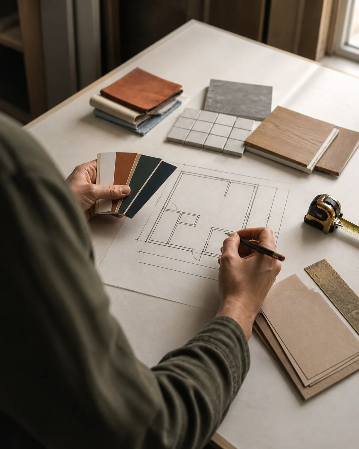 Project coordinator reviewing a simple room plan and finish samples at a shared table.
