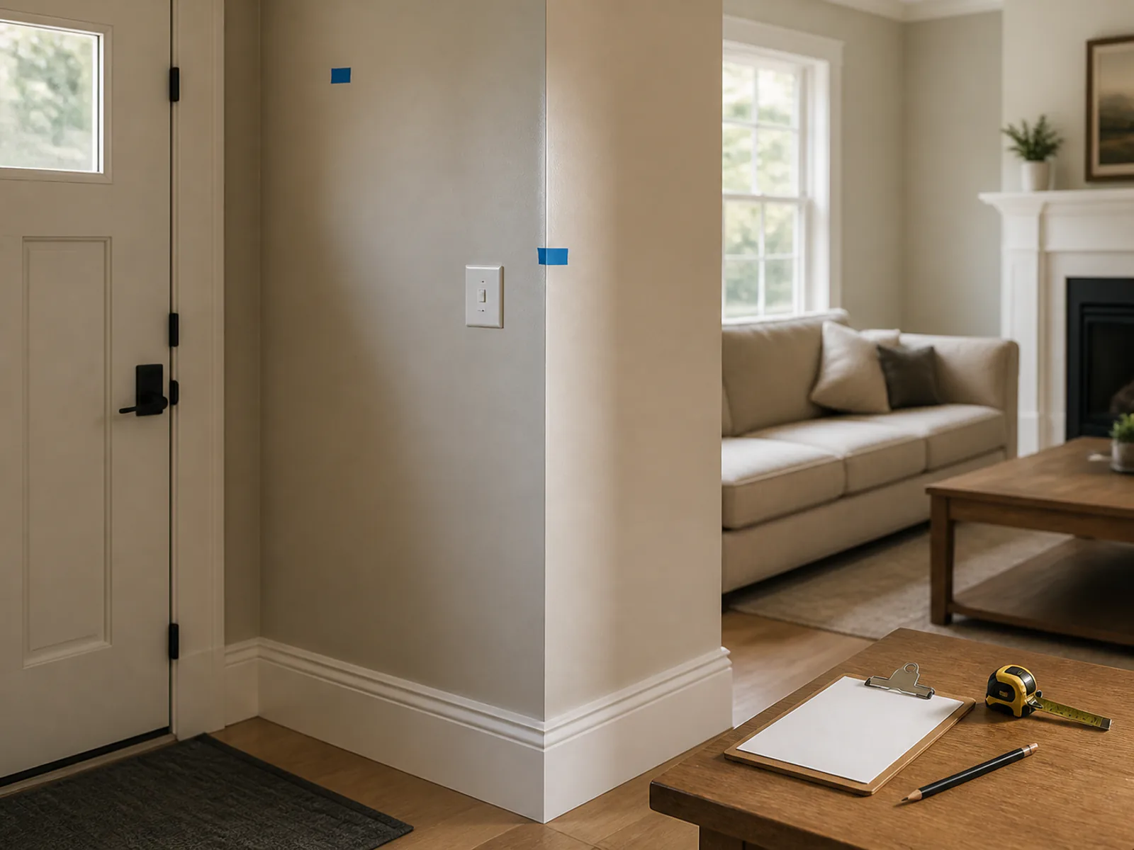 Pre-move home entry with final punch-list markers, a blank clipboard and measuring tools.