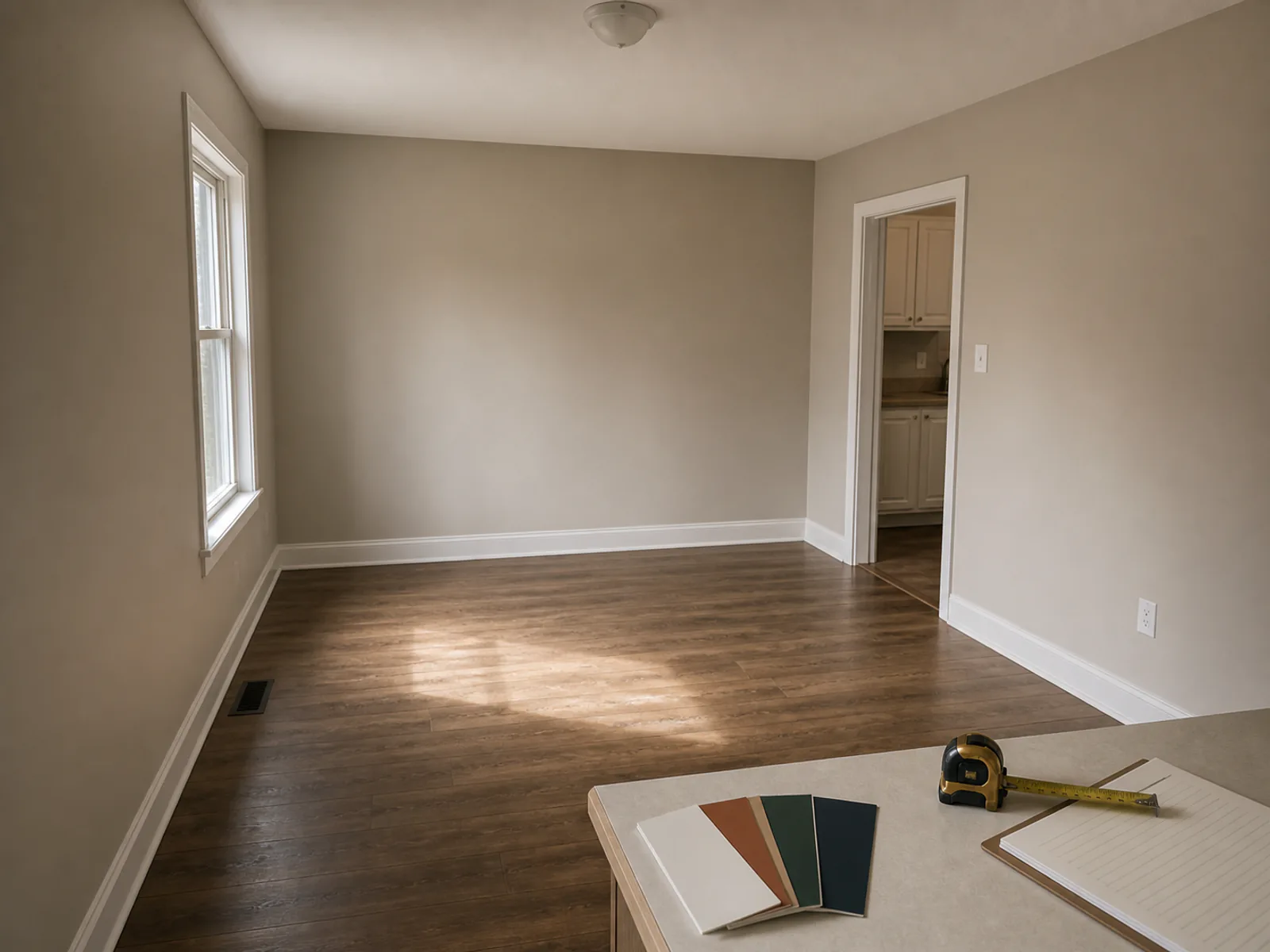 Freshly painted empty rental living room with clean trim, flooring and closeout samples.