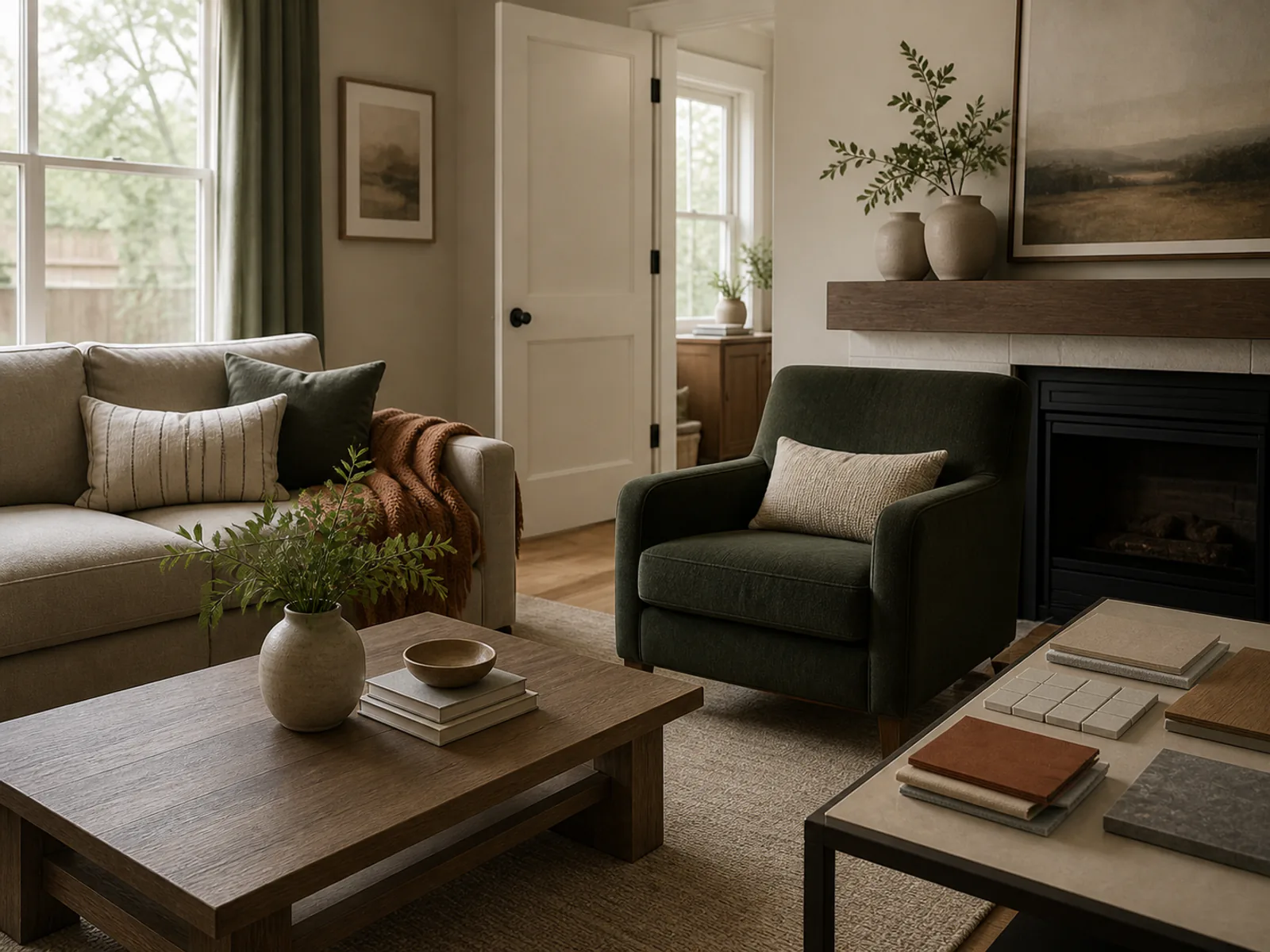 Warmly refreshed family room with forest accents and finish samples.