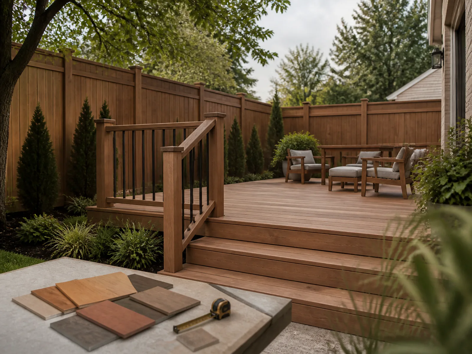 Refreshed cedar deck and fence with material samples and a measuring tape in the foreground.