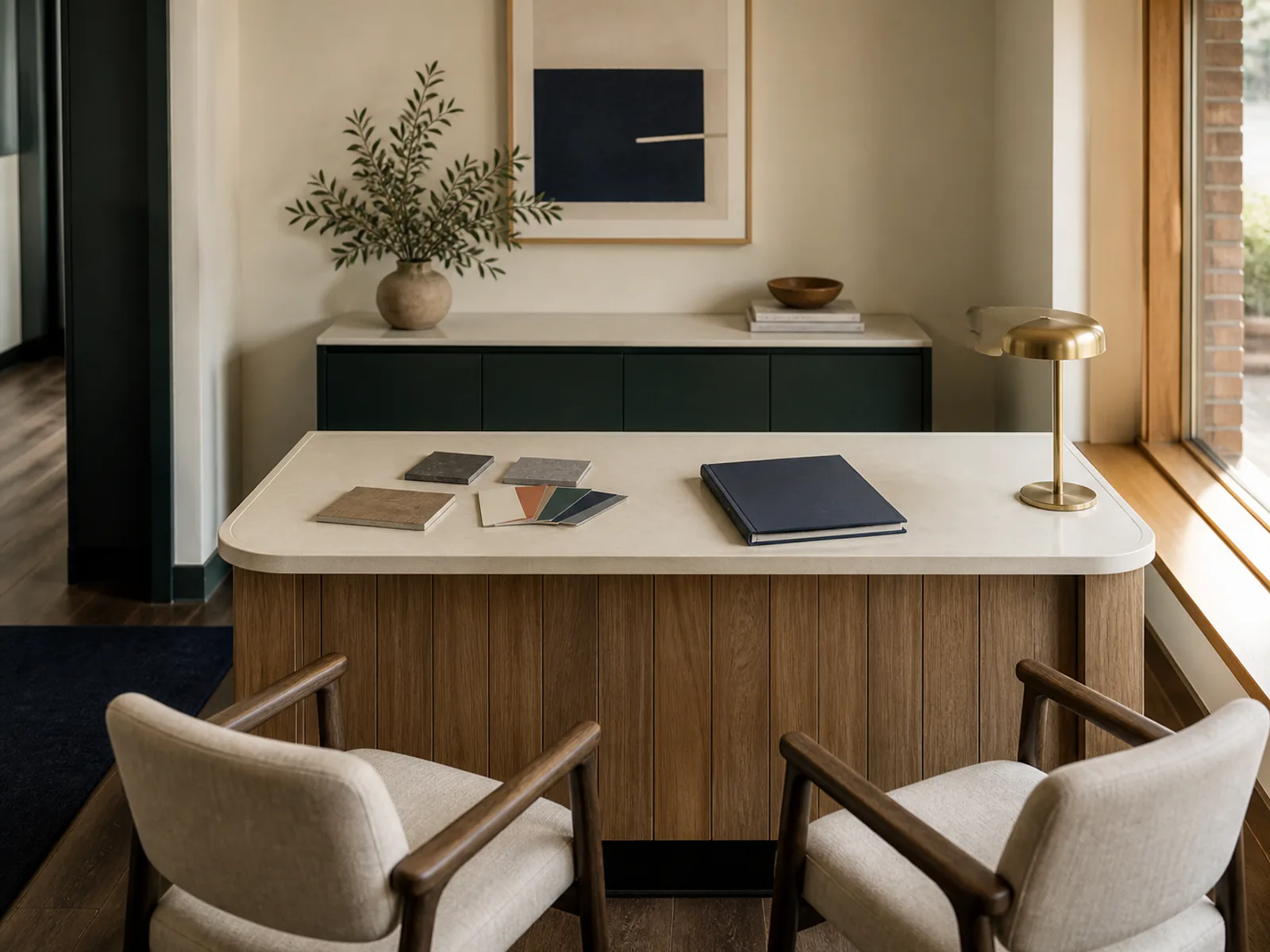 Refreshed small office reception with an unbranded desk, neutral chairs and finish samples.