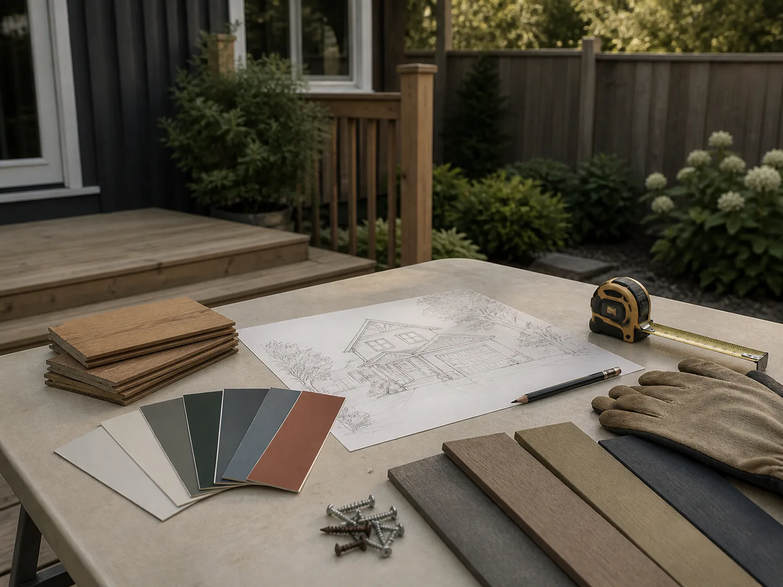 Deck and fence planning table with cedar samples, stain swatches and measuring tools.