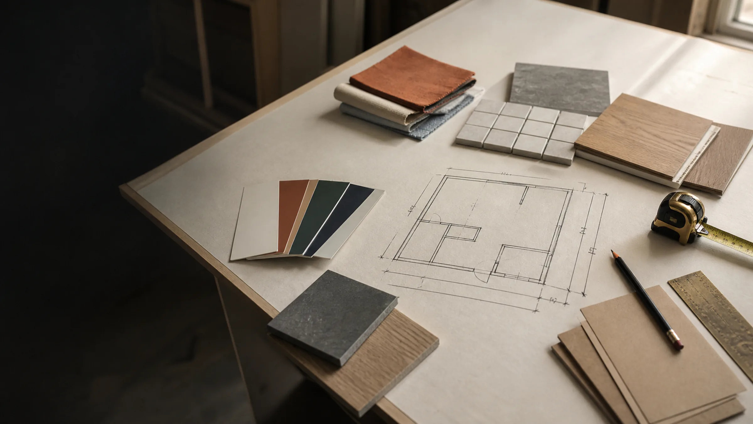 Overhead project table with a simple room plan, material samples and measuring tools.