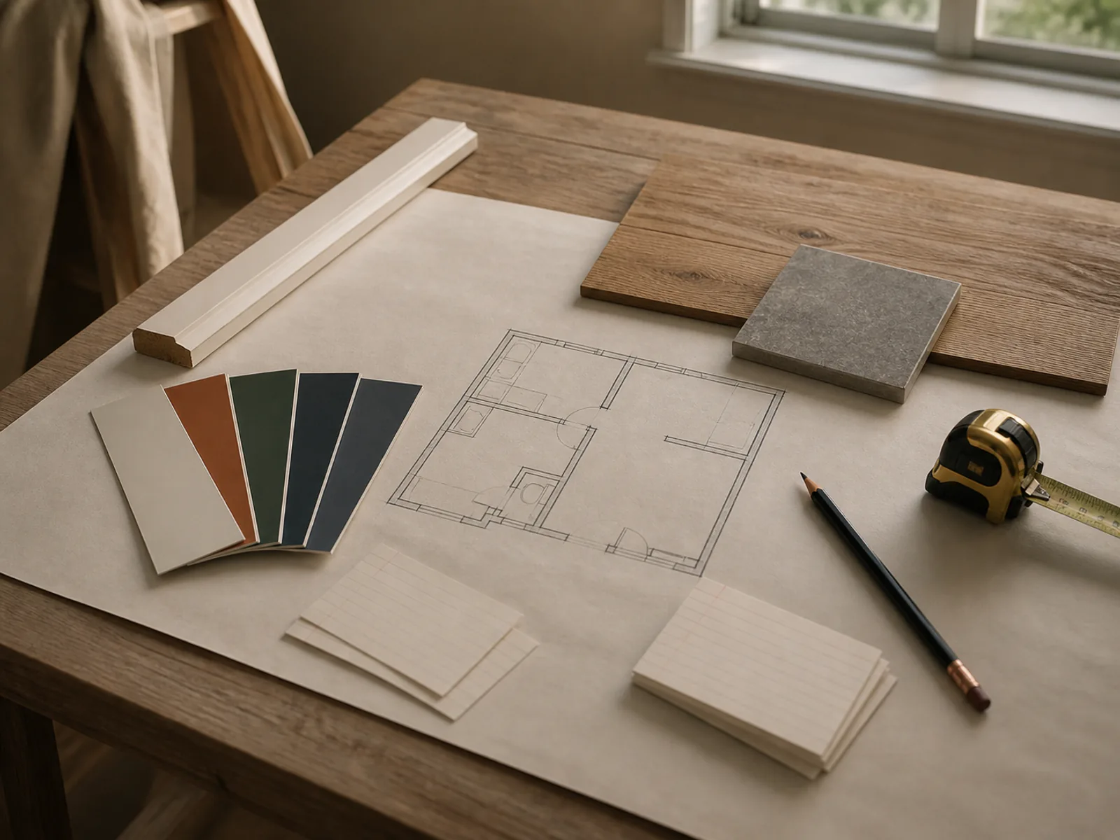 Project table with paint, flooring and trim samples arranged around a simple room plan.