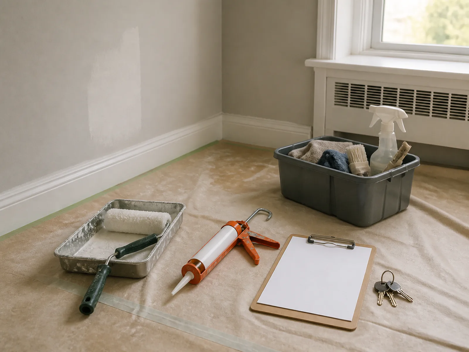 Rental turnover room with wall-repair tools, cleaning supplies and a blank checklist.
