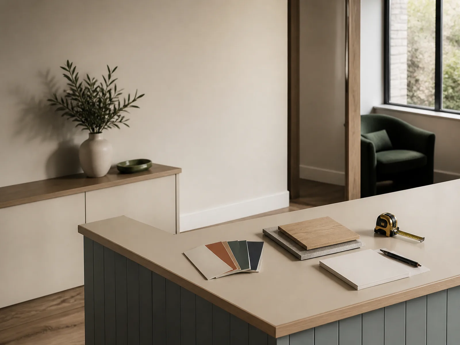 Refreshed small office reception with neutral finishes and material samples on the counter.